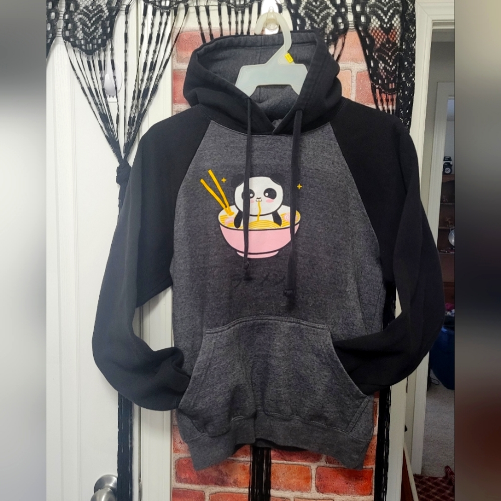 Lokisa size small noodle bowl panda. Black and gray hoodie w/ full front pocket